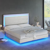 AMERLIFE Distressed White Queen Bed Frame with Floating Design, Reclining Headboard, and Versatile LED Lighting AMERLIFE
