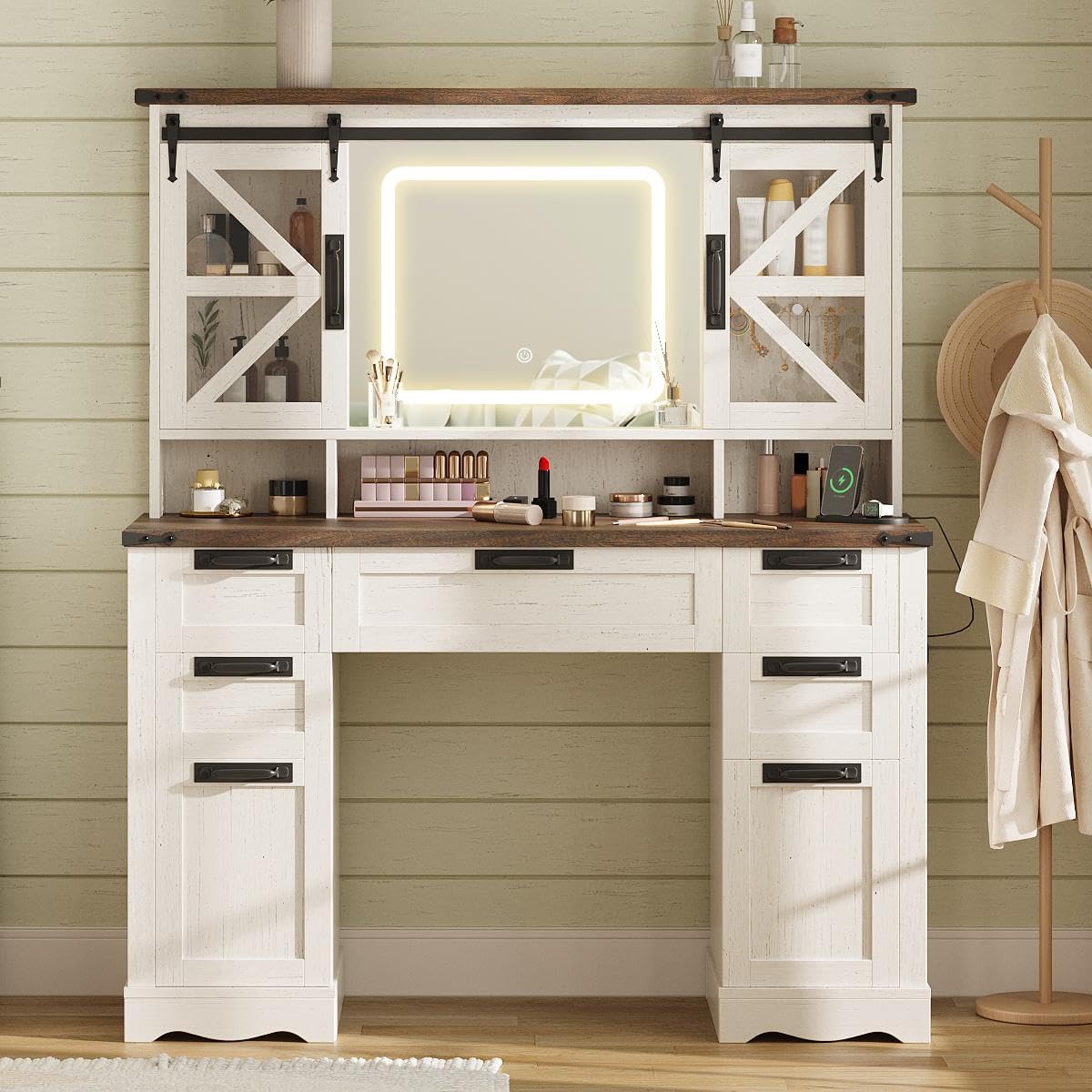 Vabches Farmhouse Makeup Vanity with Sliding Cabinets, White Vanity Desk with Lights Mirror and Power Outlet, Rustic Dressing Table with 4 Drawers&2 Storage Cabinets for Bedroom Vabches