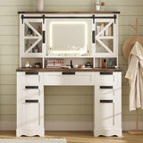 Vabches Farmhouse Makeup Vanity with Sliding Cabinets, White Vanity Desk with Lights Mirror and Power Outlet, Rustic Dressing Table with 4 Drawers&2 Storage Cabinets for Bedroom Vabches