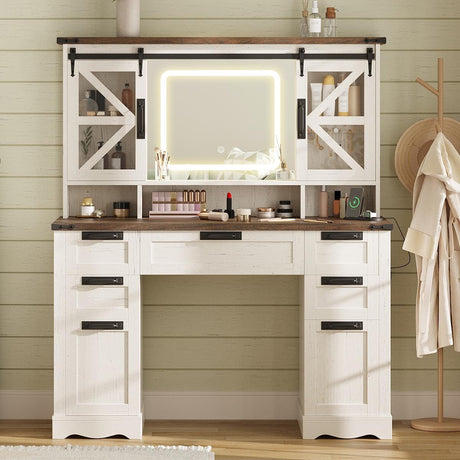 Vabches Farmhouse Makeup Vanity with Sliding Cabinets, White Vanity Desk with Lights Mirror and Power Outlet, Rustic Dressing Table with 4 Drawers&2 Storage Cabinets for Bedroom Vabches