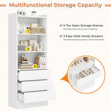 DICTAC 73.23'' Tall Storage Cabinet Bookcase with 3 Drawers and 3-Tier Open Shelves Wooden Bookshelf Kitchen Pantry Storage Organizer Cabinets for Living Room, Study, Kitchen,Bathroom,White DICTAC