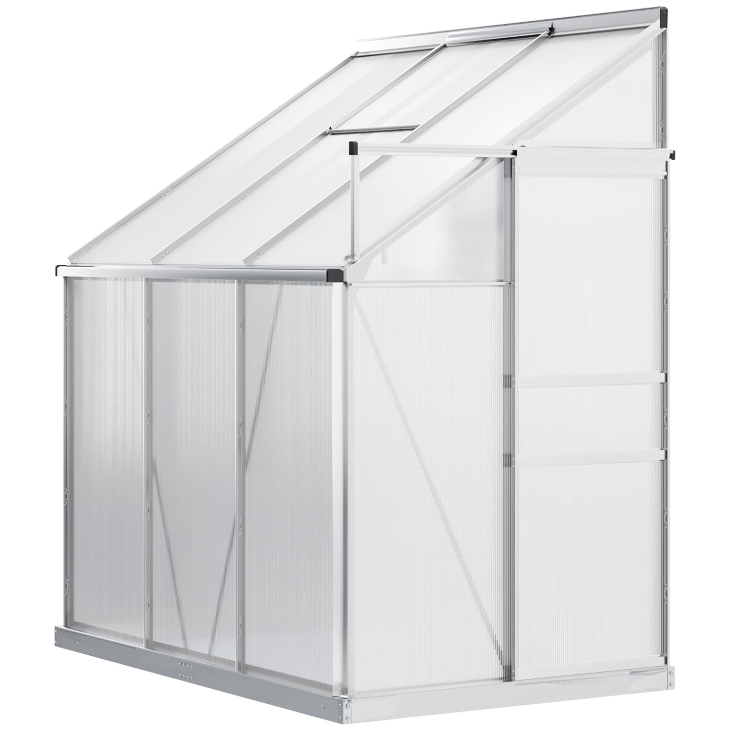 Outsunny 6' x 4' Aluminum Lean-to Greenhouse Polycarbonate Walk-in Garden Greenhouse with Adjustable Roof Vent, Rain Gutter and Sliding Door for Winter, Clear - WoodArtSupply