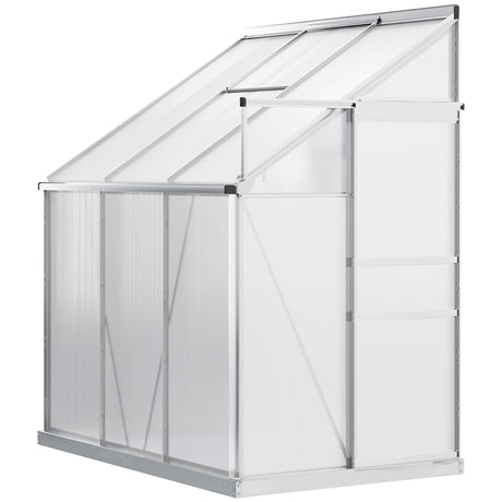 Outsunny 6' x 4' Aluminum Lean-to Greenhouse Polycarbonate Walk-in Garden Greenhouse with Adjustable Roof Vent, Rain Gutter and Sliding Door for Winter, Clear Outsunny