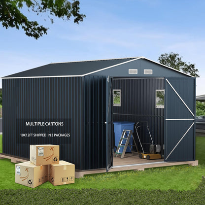 MistMo 10X12X7.5 FT Outdoor Steel Storage Shed with Lockable Doors, 2 Windows, Transparent Roof Panels (Wood Panels & Frame Floor Not Included), Ideal for Garden, Backyard, Patio Storage - WoodArtSupply