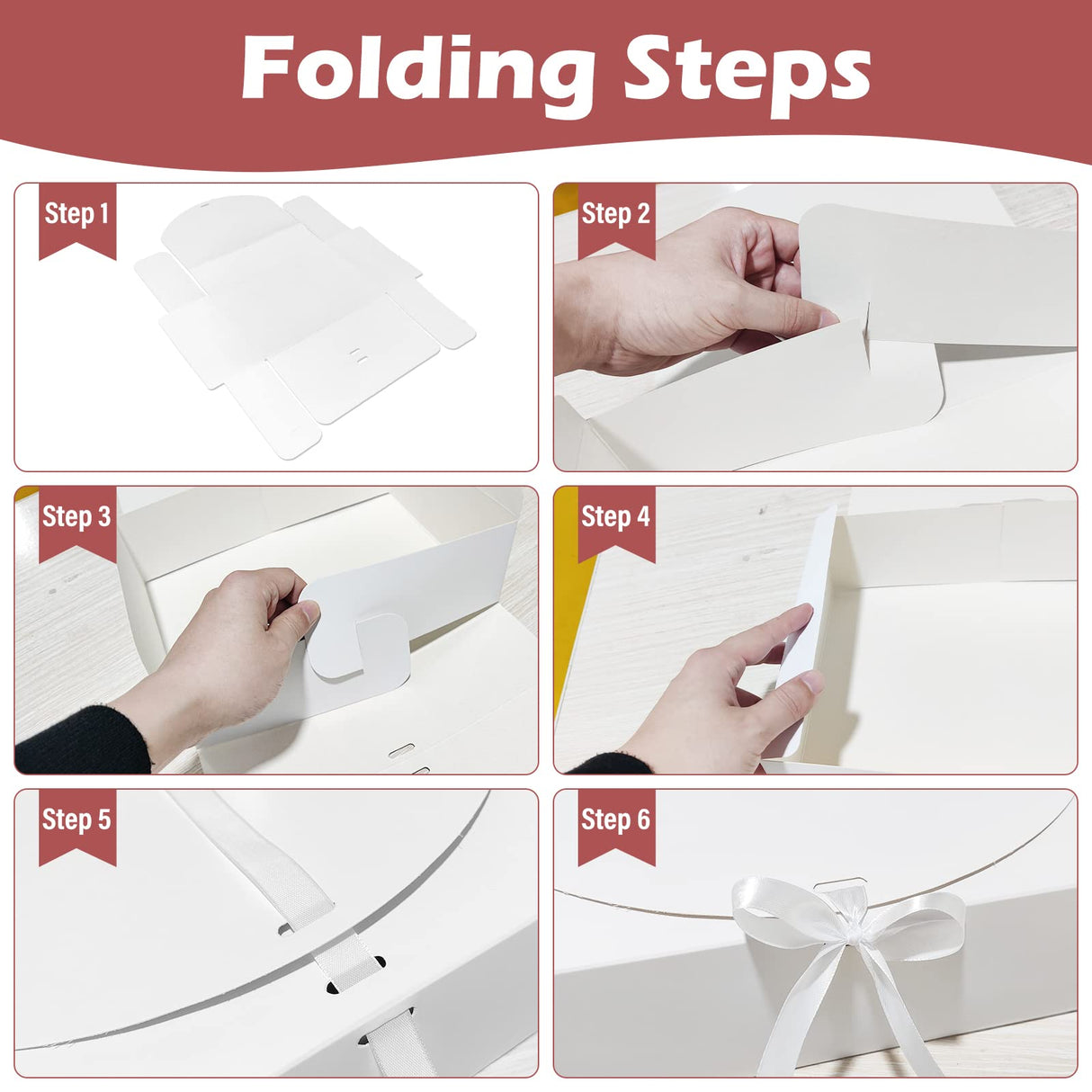 BoShahai 10 PCS Gift Boxes with Lids, 10.6x7.8x3.1 Inch Kraft Paper Gift Box, White with Ribbon, Bridesmaid Proposal Box for Wedding, Packaging, Present, Birthday, Cupcake BoShahai