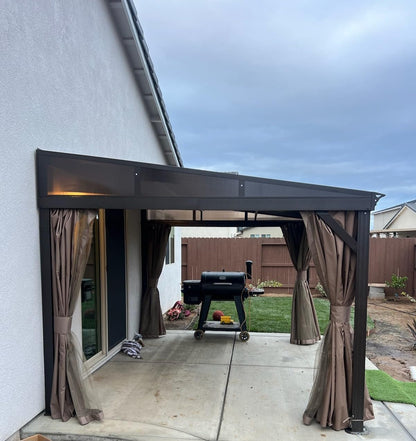 Domi 12' x 14' Lean to Gazebo with Aluminum Frame, Wall Mounted Gazebo Hardtop Galvanized Steel Sloping Roof with Curtains and Netting for Patio Deck Backyard Lawn Party