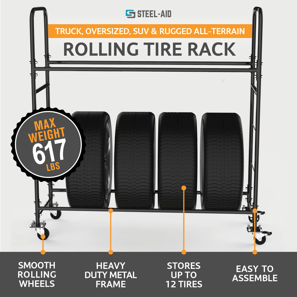 STEELAID Tire Storage Rack - Rolling Rack for Garage - Indoor/Outdoor Shelves 60 inch Organizer STEELAID