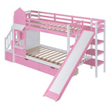 Ball & Cast Twin-Over-Twin Castle Style Bunk Bed,Wood Bunkbed w/ 2 Drawers and 3 Shelves,Full-Length Fence,Bedframe with Slide & Storage Ladder,Space Saving,Slat Support,for Child's Bedroom,Pink Ball & Cast