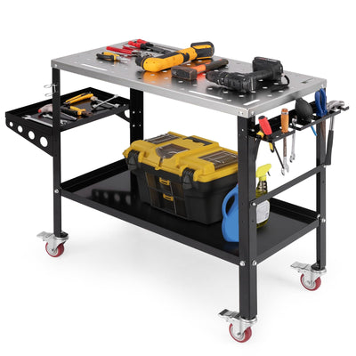 Toolsempire Welding Table, 1200 lbs Load Capacity Welding Workbench Table with Tool Rack & Tray, 5/8” Fixture Holes, Bottom Shelf, Portable Welding Cart with 4 Lockable Wheels for Welding, Sawing