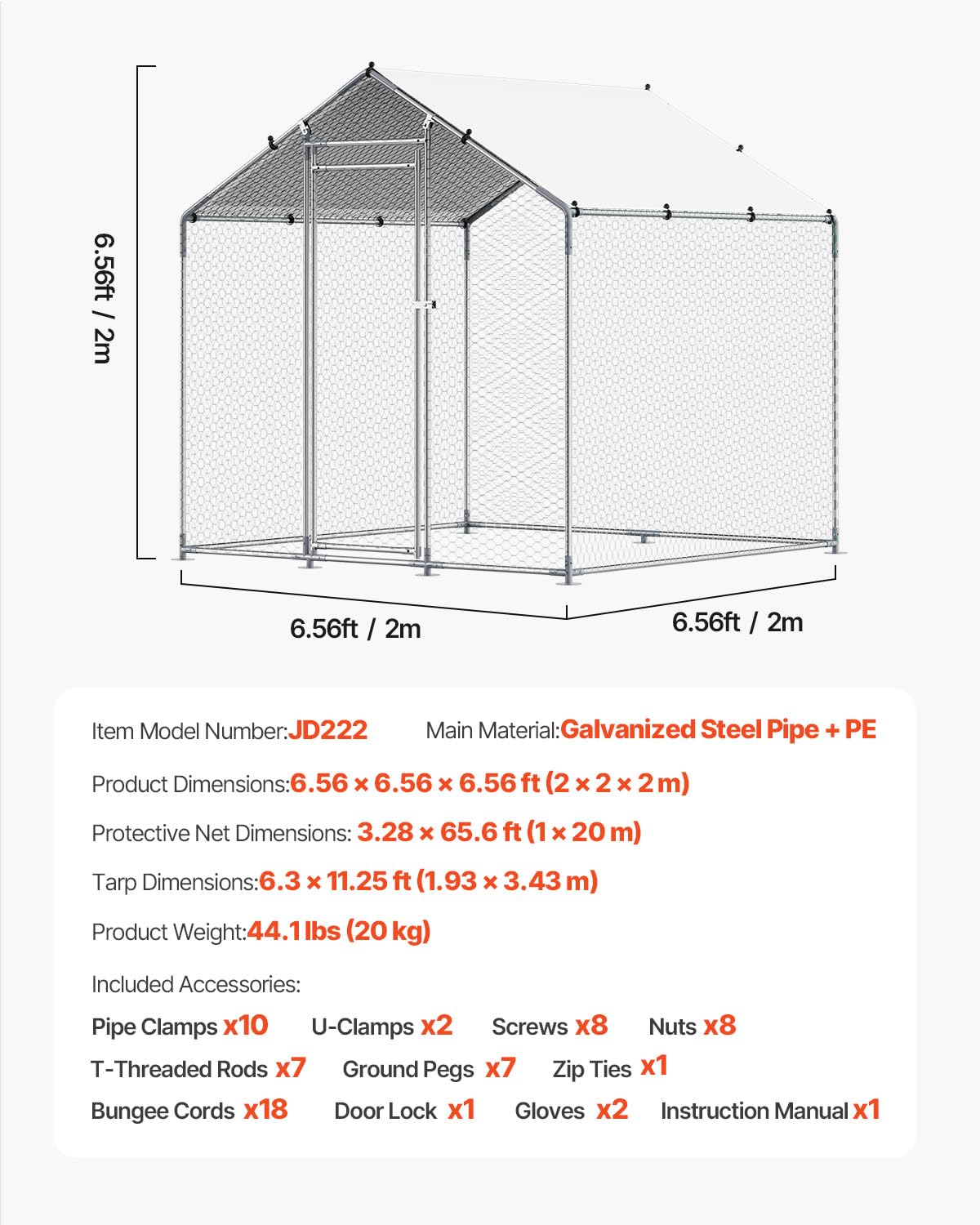 VEVOR Metal Chicken Coop, 6.56x6.56x6.56ft Walk in Chicken Runs for Yards with Cover, Spire Roof Hen House Enclosure with Security Lock, Outdoor Duck Rabbit Poultry Cage Pen for Backyard, Farm, Yard VEVOR