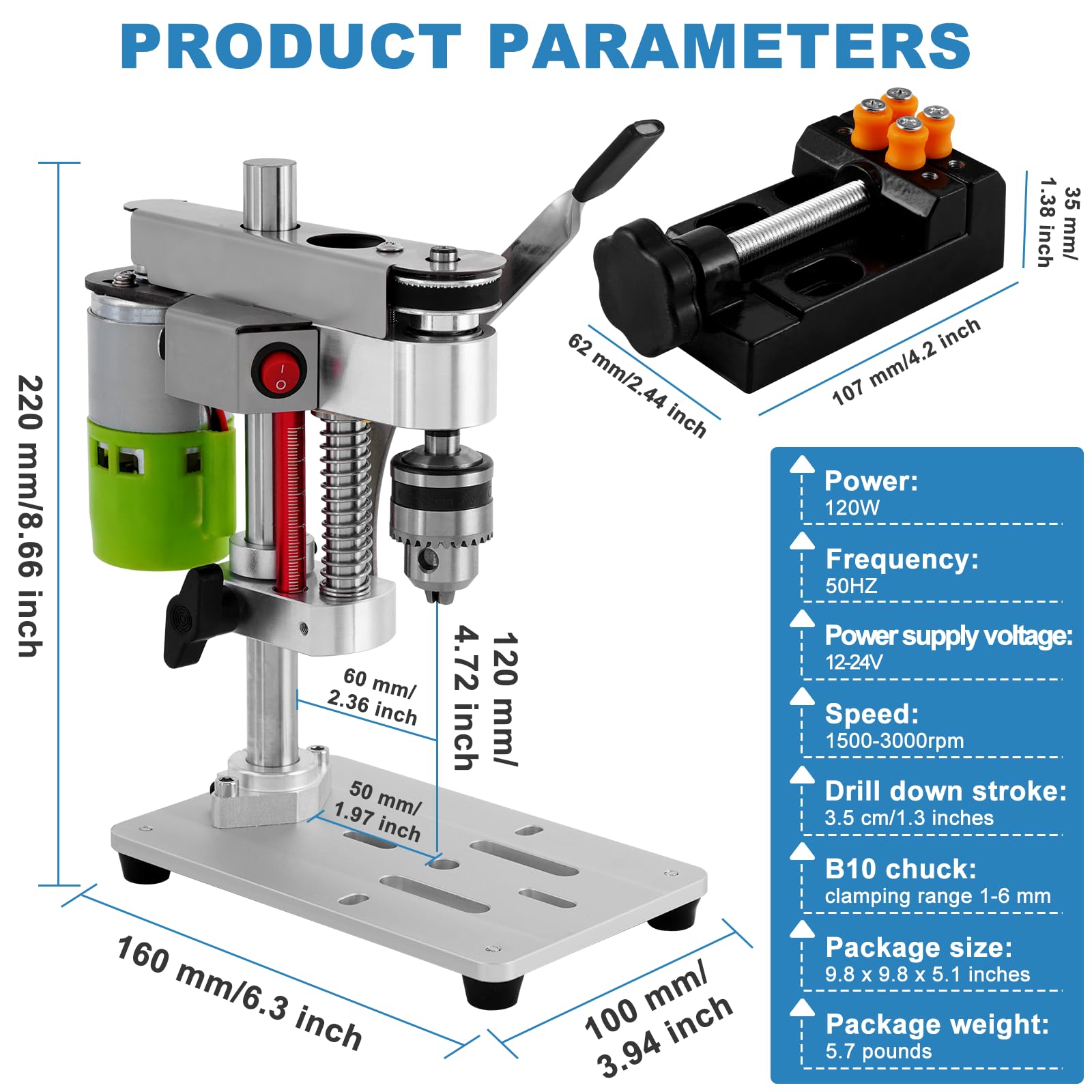 MXBAOHENG Mini Desktop Drill Press 7-speed Micro Drill Press with Work Light for Wood, Crafts and Jewelry Making, Small Table Drilling Machine 795 Motor B10 Chuck, with Belt and Motor Protect - WoodArtSupply