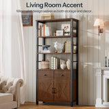HOOBRO Bookshelf with Doors, Rustic Bookshelf with Drawers, Industrial Display Standing Shelf Units, Wooden and Metal Storage Shelf for Living Room, Home Office, Dining Room, Walnut and Black BH75SJ01 HOOBRO