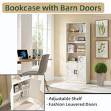 RWYHG 70in Tall Bookshelf 6 Tier Bookcase with Barn Doors and Adjustable Shelf, White Farmhouse Book Shelves with Storage Cabinet RWYHG