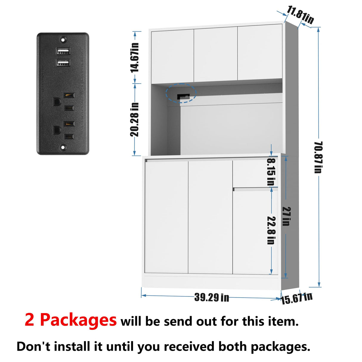 holzart 71" Tall White Kitchen Pantry Cabinet, Kitchen Pantry Storage Cabinet with Power Outlet, Freestanding Kitchen Hutch with countertop holzart