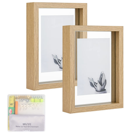 MUYE 5x7 Floating Frame Set of 2,Double Glass Rustic Photo Frame for Wall Hanging or Tabletop Standing,Also Display 4x6 or 3x5 Photo for Floating Effect,Natural MUYE