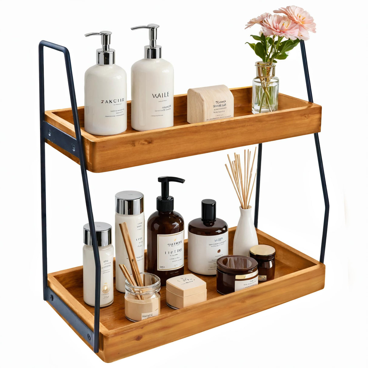 Acacia Bathroom Organizer Countertop 13.6 x 14 x 6.7 inches, 2-Tier Wood Counter Standing Rack, Countertop Storage Shelf for Organizing Bathroom Kitchen Office Desk Vanity Cosmetic Balcony Demigo