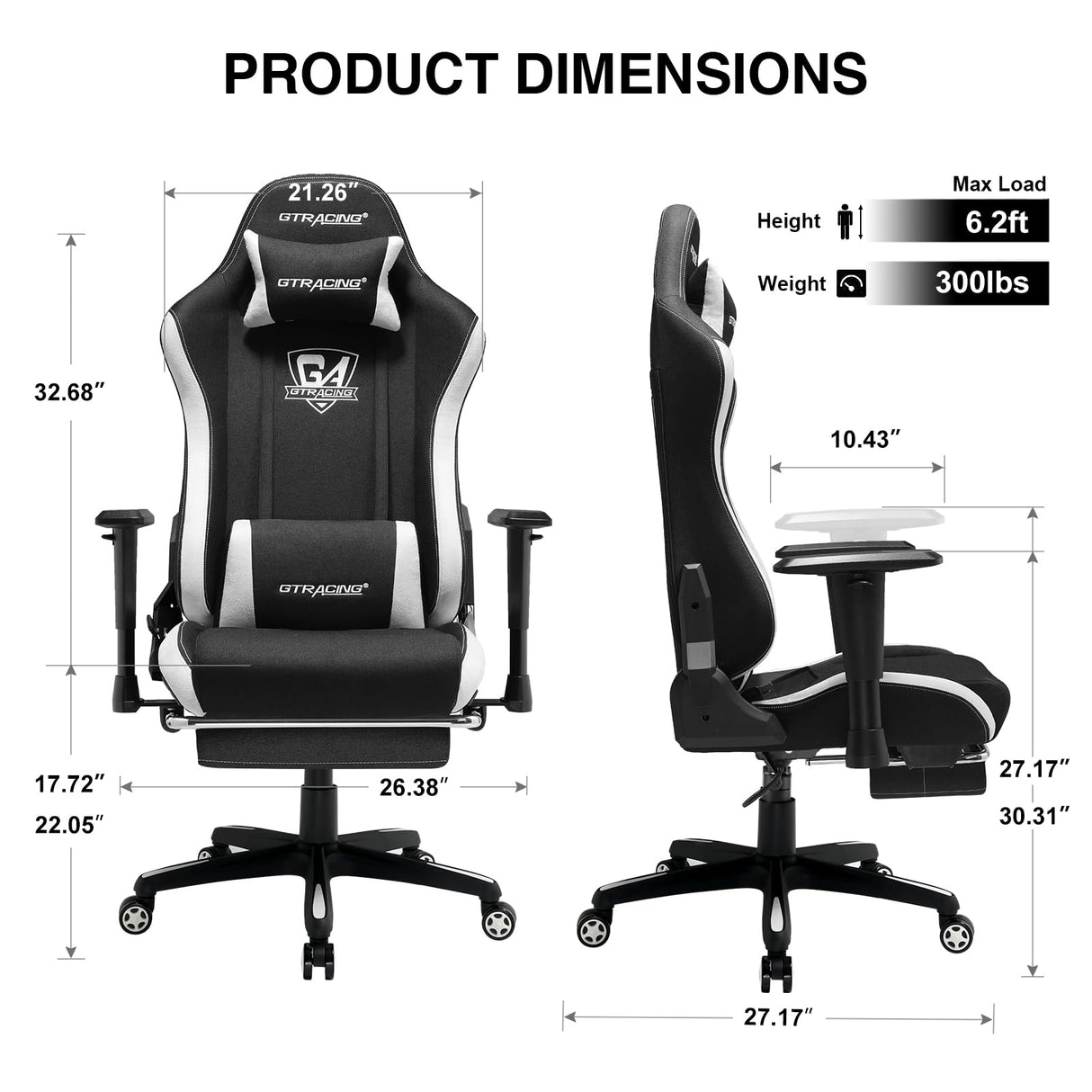 GTRACING Gaming Chair with Footrest, Fabric Breathable Big and Tall Ergonomic Computer Chair 350 lbs with Adjustable Lumbar Support and Recliner, High Back Game Chair for Office Gaming, Black GTRACING
