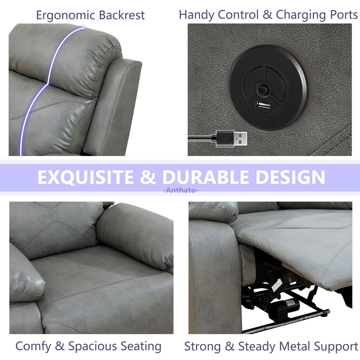 Anthato Power Recliner Sofa Set, Living Room Furniture Sets, 3-Piece Reclining Leather Sofa Loveseat Chair, Living Room Couch Set with Cup Holders/Coffee Table/LED Light for Home Theater/Office,Grey#2 Anthato