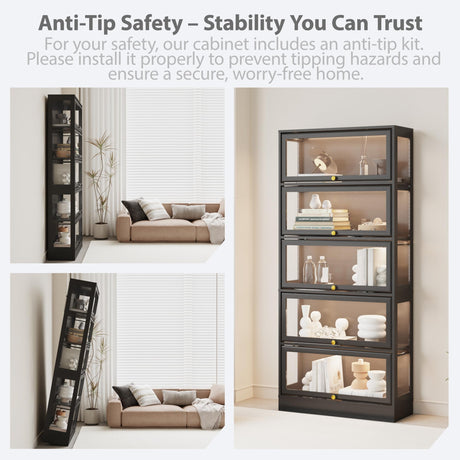 BONITURE Display Cabinet with Acrylic Glass Doors,5-Tiers Curio Cabinet with LED Lighting for Collectibles, Collectibles Toy Organizers Rack & Display Shelf Display Case Storage Cabinet, Black BONITURE