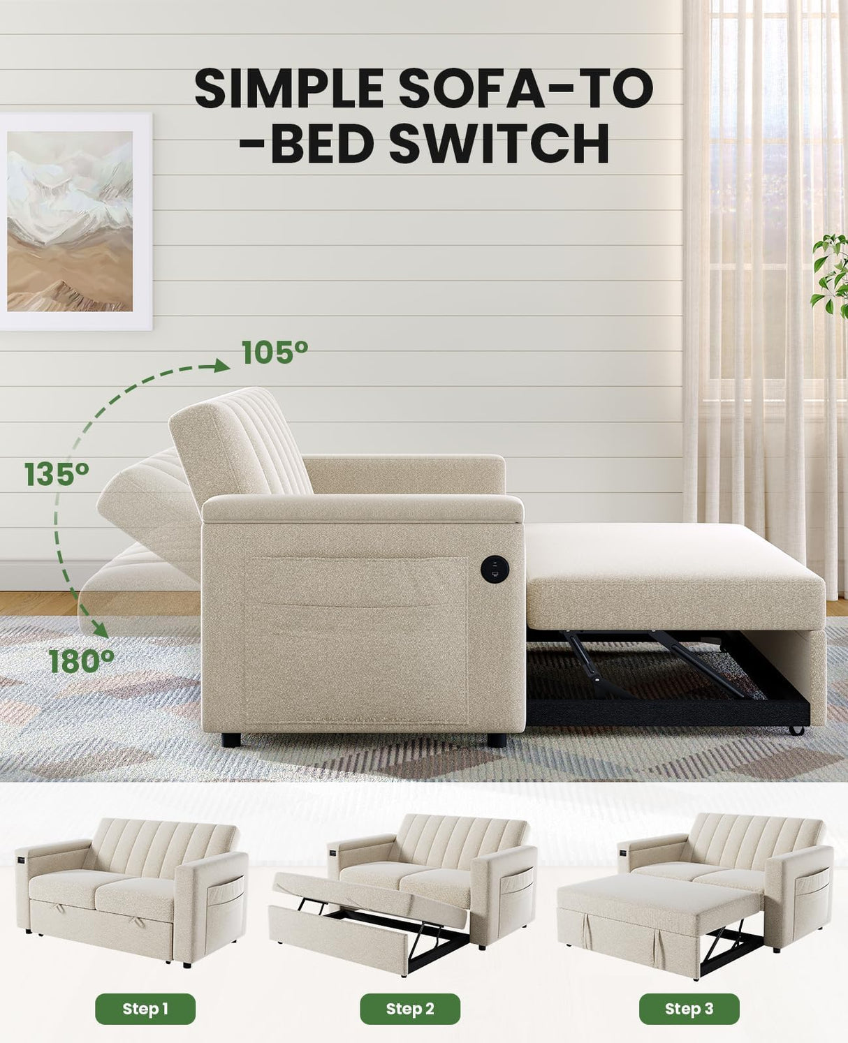 Marsail 3-in-1 Convertible Sofa Bed, 54" Sleeper Sofa with Solid Wood Side Table & Frame, Pull-Out Couch with USB Ports & Side Pockets, Loveseat Sofa with Adjustable Backrest, White Marsail