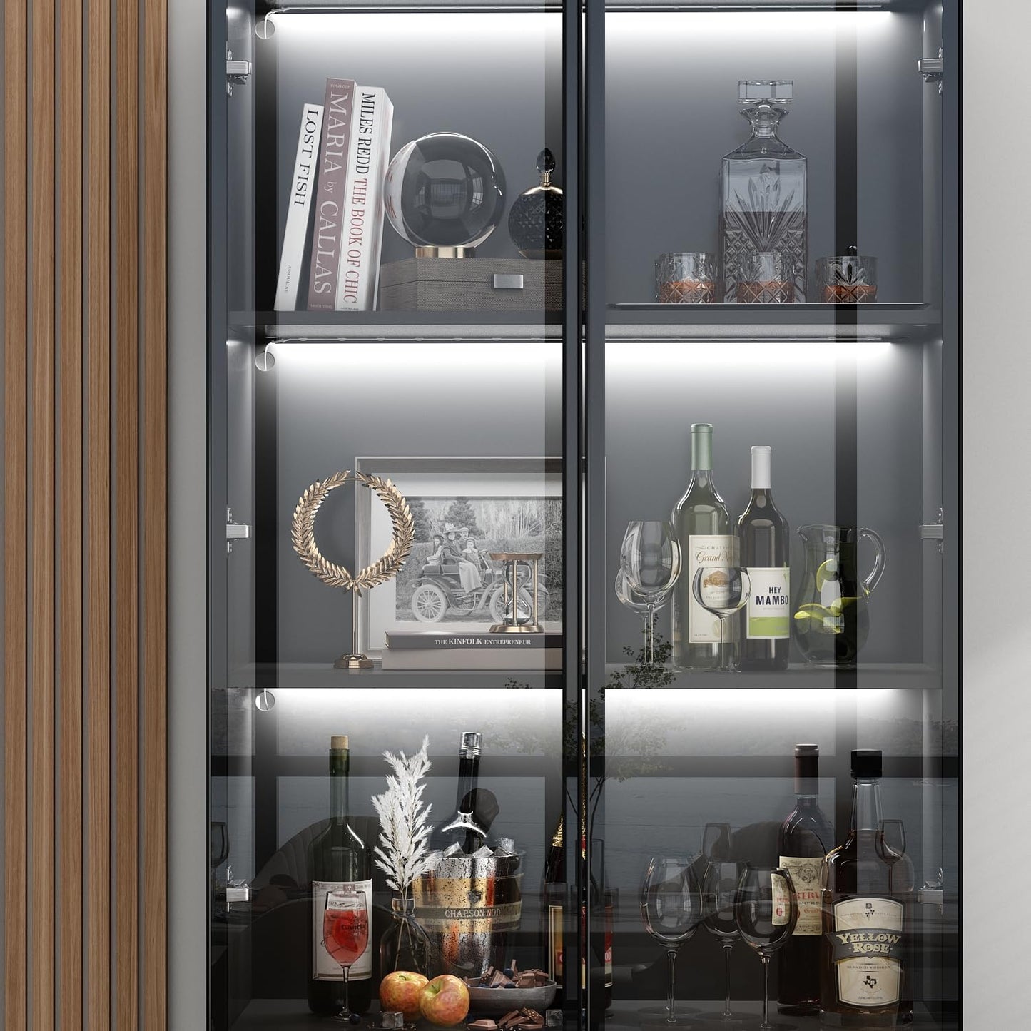 Hitow Modern Tall Glass Door Cabinet with LED Lights, 4 Shelves, 2 Drawers, Black Storage Organizer - WoodArtSupply