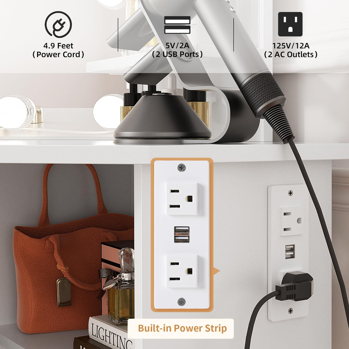 VOWNER Vanity with Lights - Makeup Vanity Desk with Power Outlet, 3 Color Lighting Options Brightness Adjustable, Vanity Table with 5 Sliding Drawers, Shelves and Stool for Bedroom, White VOWNER