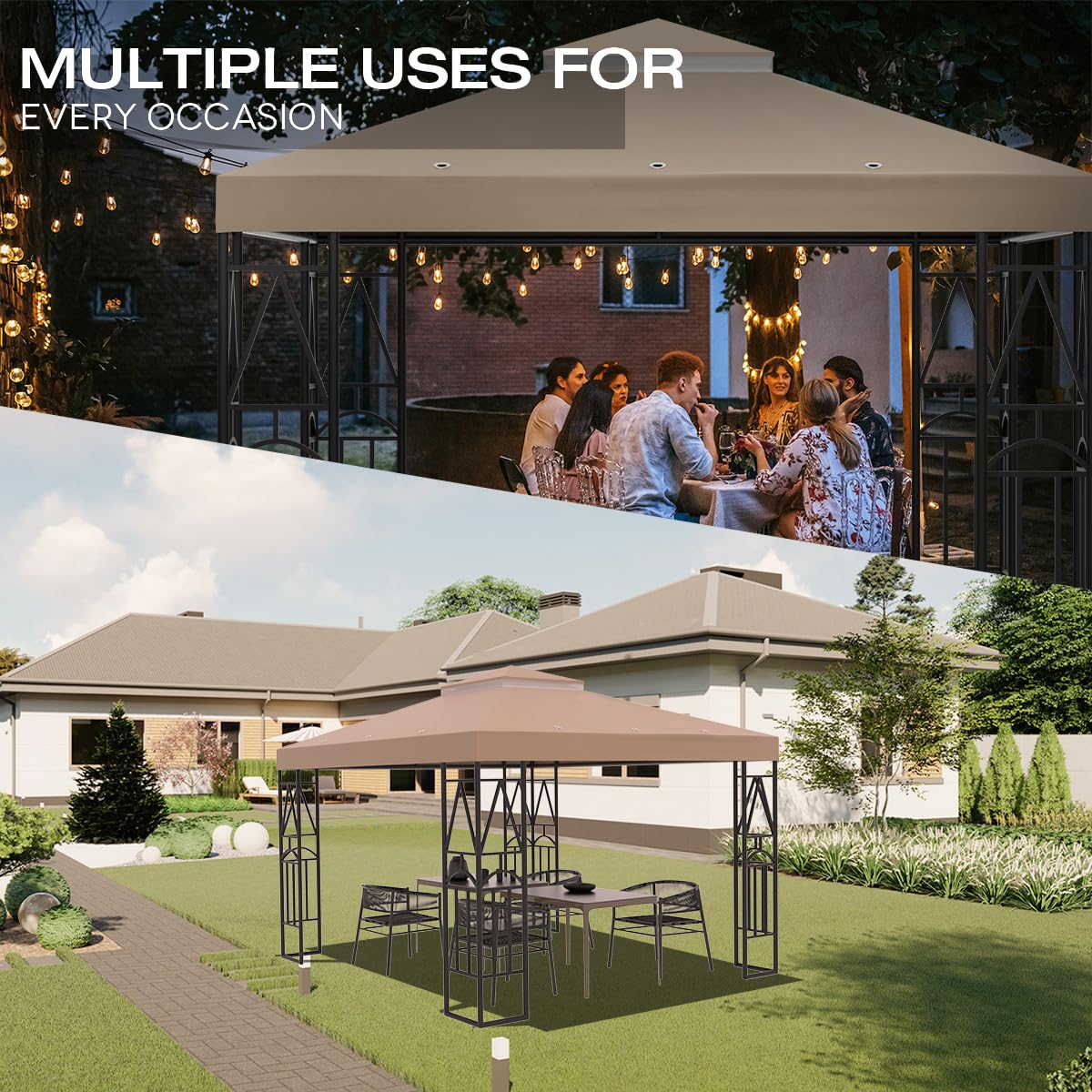 Morikoro 10x10 Canopy Replacement Top Double Tiered Gazebo Cover for Yard, Patio & Garden Durable Sunshade Replacement(Khaki) Morikoro