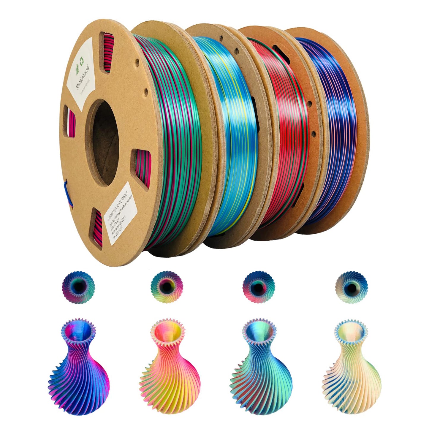 Mindahand 3D Printer Filament Pla Filament 1.75mm Bundle Tri Color Filament Silk PLA 3 in 1 Triple Color Pla Cardboard Spool Rainbow Filament 4X 250G Multicolor 3D Printing Filament - WoodArtSupply