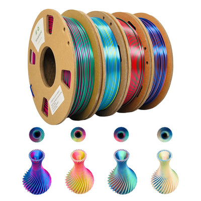 Mindahand 3D Printer Filament Pla Filament 1.75mm Bundle Tri Color Filament Silk PLA 3 in 1 Triple Color Pla Cardboard Spool Rainbow Filament 4X 250G Multicolor 3D Printing Filament