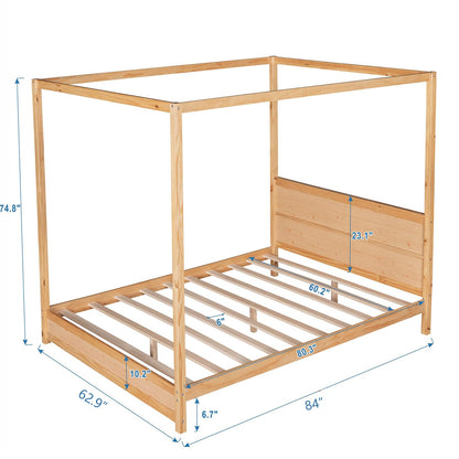 Queen Size Canopy Bed Frame, Solid Wood Queen Platform Bed with Headboard and Slat Support, Modern 4 Poster Panel Bed for Kids, Teens, Adults. No Box Spring Needed (Queen, Natural)