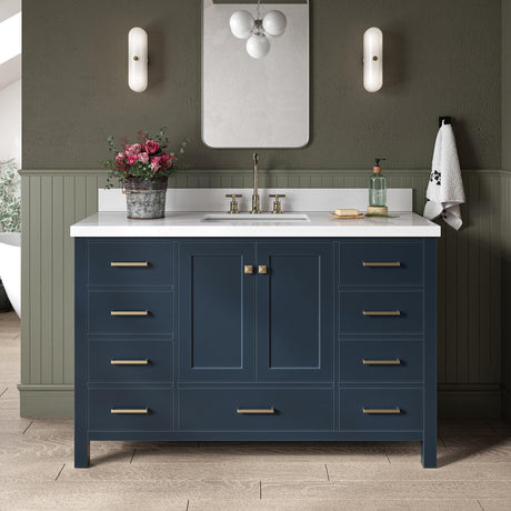 ARIEL Cambridge 55" Midnight Blue Bathroom Vanity with Sink, 1.5" Edge Pure White Quartz Countertop & Backsplash, Center Rectangular Sink, 2 Soft Closing Doors, 9 Full Extension Dovetail Drawers ARIEL