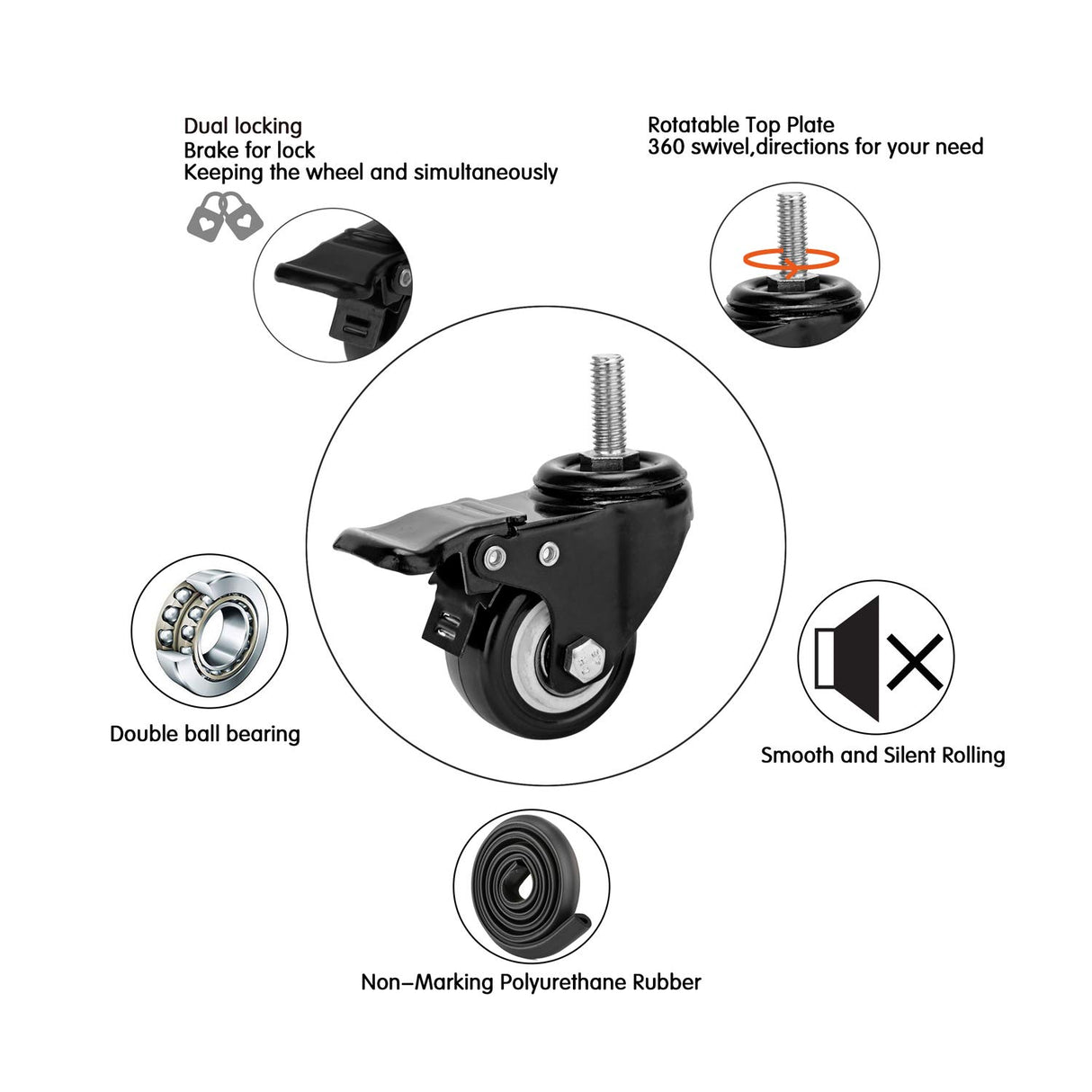 2" Stem Caster Wheels with Safety Dual Locking 600Lbs Heavy Duty Threaded Stem Casters No Noise Swivel Castors with Brakes 3/8"- 16 x 1 (Set of 4) YOOGAA