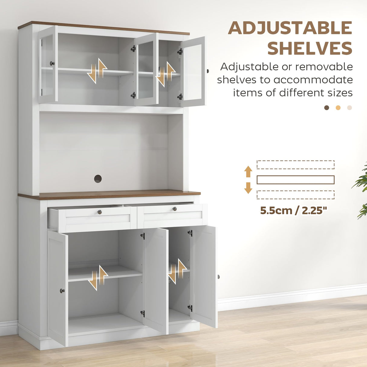 HOMCOM 71" Kitchen Pantry Cabinet, Freestanding Kitchen Hutch with Microwave Stand, 2 Drawers and Adjustable Shelves, Bar Cabinet with Glass and Recessed Doors for Dining Room, White HOMCOM