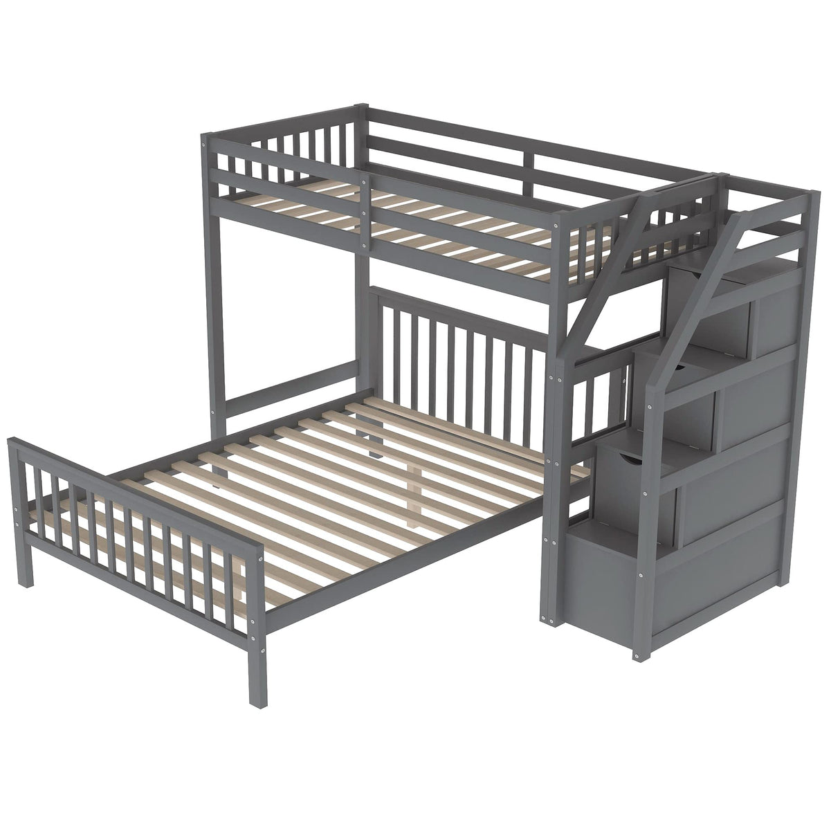 L-Shaped Bunk Bed, Space Saving Twin Over Full Bunk Bed Platform with 3 Storage Staircase, Durable Wood Bedroom Furniture with Safety Guardrail, Convertible Loft Bed for Family, Easy Assembly (Grey) FAROUCHE