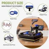 Pterying 8 in 1 Pro Heat Press Machine 15 × 15 Inch, Third Generation 360° Swing Away T Shirt Press Machine with Dual-Tube Heating, Sublimation Heat Press Machine for T Shirts Hat Cap Mug Plate Pterying