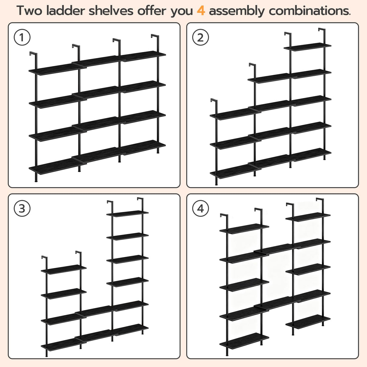 HOOBRO DIY Ladder Shelf, 6-Tier Wall Mounted Bookshelf, Office Vertical Bookcase, Wooden Storage Shelves for Home Office, Bedroom, Black BB65CJ01 HOOBRO