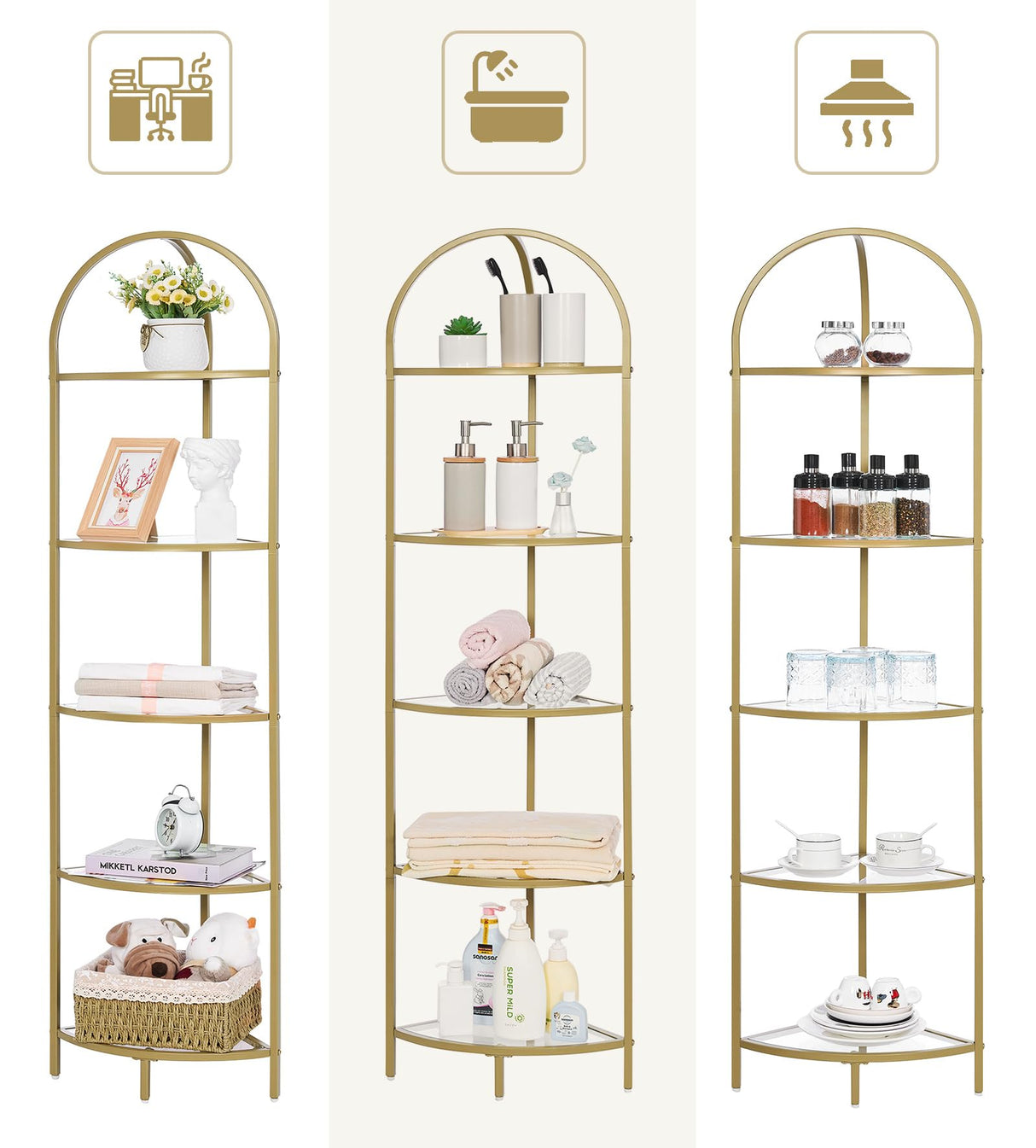Homhedy 5-Tier Corner Shelf Stand, Metal Corner Bookshelf, Tempered Glass Shelves, Bathroom Storage Rack Shelf, Plant Stand, Modern Style,Golden Homhedy
