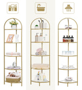 Homhedy 5-Tier Corner Shelf Stand, Metal Corner Bookshelf, Tempered Glass Shelves, Bathroom Storage Rack Shelf, Plant Stand, Modern Style,Golden Homhedy