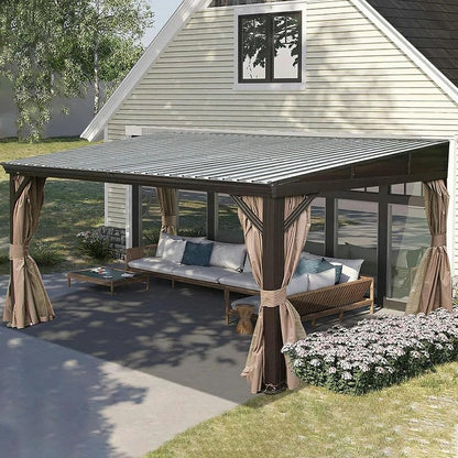 Domi 12' x 14' Lean to Gazebo with Aluminum Frame, Wall Mounted Gazebo Hardtop Galvanized Steel Sloping Roof with Curtains and Netting for Patio Deck Backyard Lawn Party