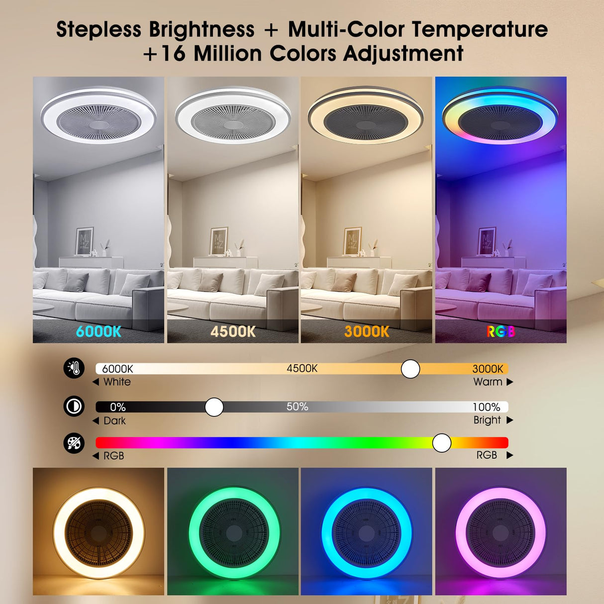 Smart WiFi&Bluetooth RGB Ceiling Fans with Lights and Remote,20"low profile ceiling fan with light,Compatible with Alexa,Google Assistant,App Control Color Changing LED,3000K-6000K,6 adjustable speed BESTECCT