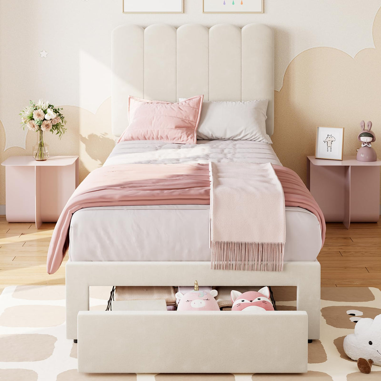 IDEALHOUSE Twin Bed Frame with Storage Drawer and Headboard, Velvet Upholstered Twin Platform Bed Frame for Girls, Strong Wooden Slats Support, Noise-Free, Easy Assembly (Beige) IDEALHOUSE