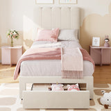 IDEALHOUSE Twin Bed Frame with Storage Drawer and Headboard, Velvet Upholstered Twin Platform Bed Frame for Girls, Strong Wooden Slats Support, Noise-Free, Easy Assembly (Beige) IDEALHOUSE