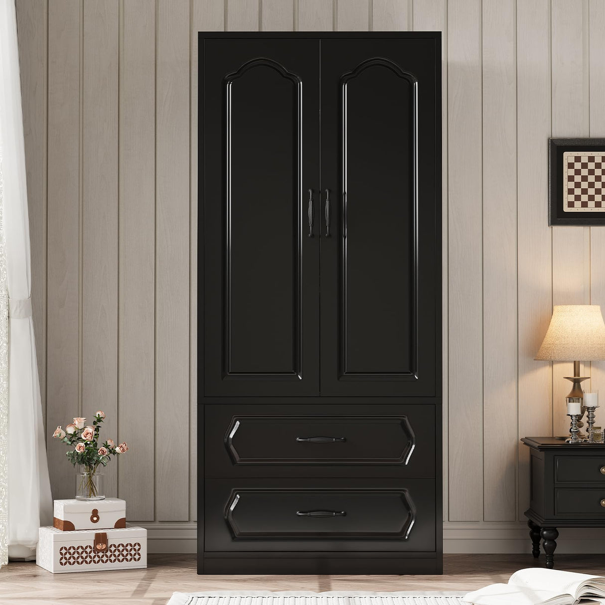 Swpormundo Wardrobe Closet with Drawers and Hanging Rod, 70" Wooden Wardrobe Closet with 2 Doors and 2 Drawer, Armoire Clothing Storage Cabinets with Smooth Slide for Bedroom, Dorm, Cloak Room (Black) Swpormundo
