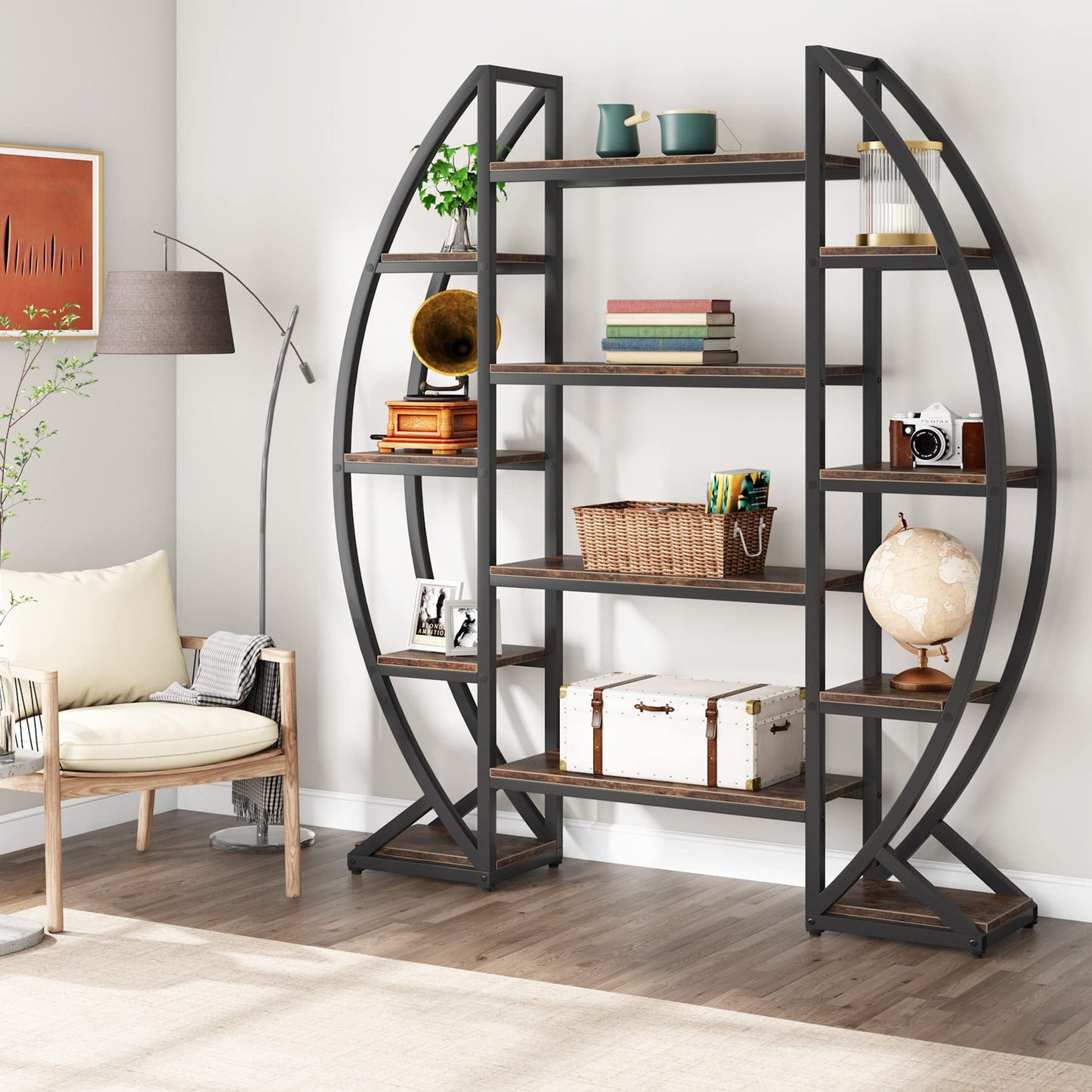 Tribesigns 55" Industrial Oval 5-Tier Bookcase - Triple Wide Etagere in Rustic Brown - WoodArtSupply