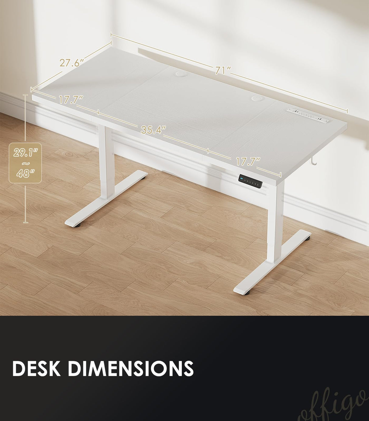 OffiGo Electric Standing Desk with 3-Piece Board, 71 Inch Height Adjustable Large Table with Power Outlets, Sit Stand Table, Writing Computer Desk for Home, Office, Workstation, White OffiGo