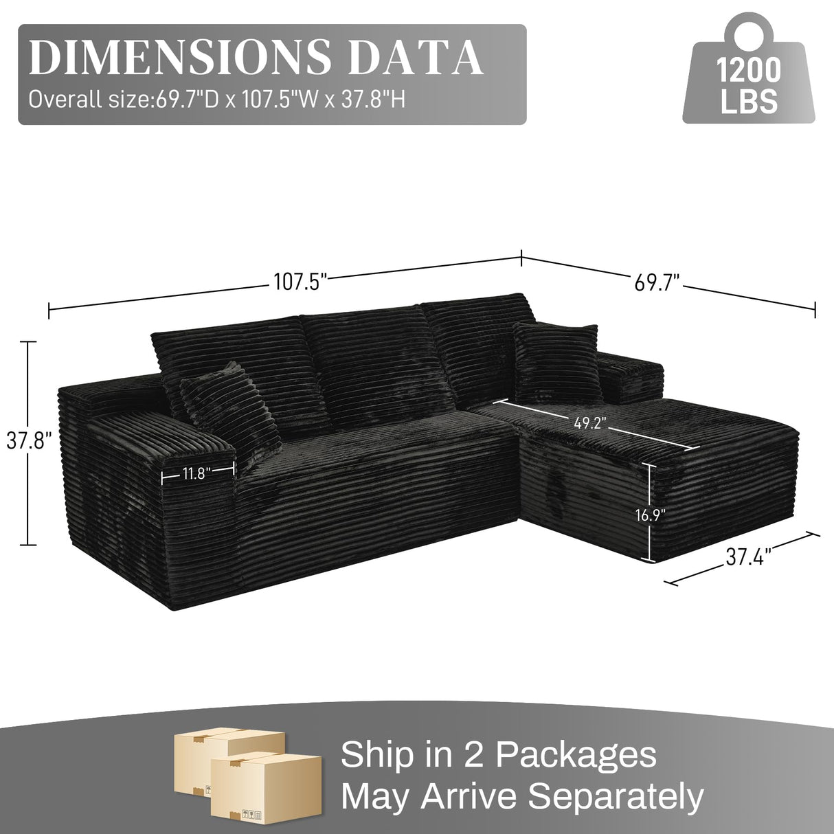 Modular Sectional Sofa Cloud Sectional Couch, 107" Comfy Fluffy L Shaped Black Couches for Living Room, Deep Seat Memory Foam Plush Corduroy Boneless Couch Sectionals with Right Facing Chaise Sofa HYJT-H&K