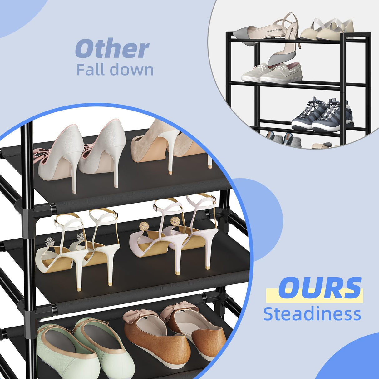 Simple Trending Shoe Rack for Closet, 10 Tiers Narrow Shoe Shelf Holds 20 Pairs, Shoe Organizer Storage with Hooks, Black Simple Trending