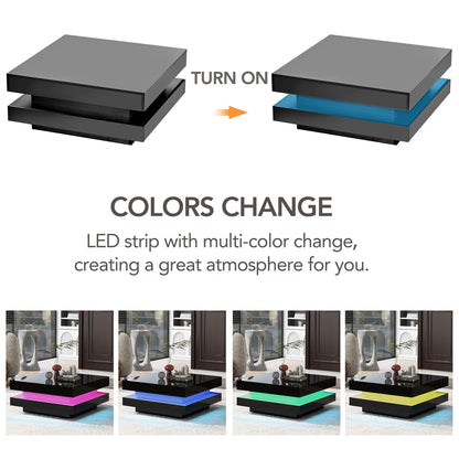 LED Coffee Table for Living Room, 2-Tier Modern Middle Center Table, Coffee Table with 16-Color Plug-in LED Light, Cocktail Tea Table for Home Office Reception Room, Black - WoodArtSupply