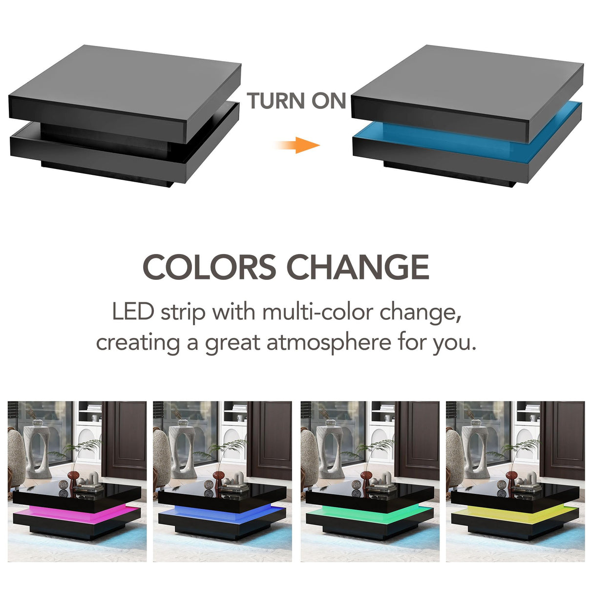 High Gloss Minimalist Design with Plug-in 16-Color LED Lights, 2-Tier Square Coffee Table, Center Table for Living Room, 31.5x31.5x14.2'',Black Harper & Bright Designs