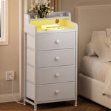 REAHOME Nightstand with Charging Station and LED Light, Tall White Night Stand with 4 Drawers and 2-Tier Shelf, Bedside Table with Sturdy Steel Frame Wood Top for Bedroom, Living Room - White REAHOME